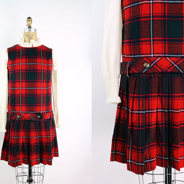 60s Plaid Pinafore / Holiday Dress / 60s Jumper / Tartan Plaid Dress / Red and Green Dress / Mod /Size XS/S 