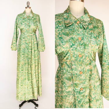 1970s Maxi Dress Printed Green Caftan M 