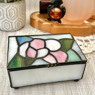 Stained Glass Trinket Box, Floral Design, Table Top, Jewelry Box, Vintage Home Decor Organization 
