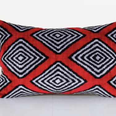 Silk Ikat Velvet Pillow, Red and Beige Velvet Lumbar Cushion | 16&quot; x 24&quot;