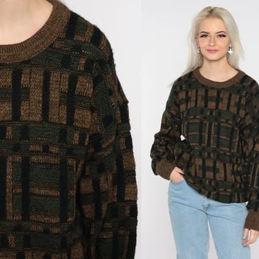 Brown Geometric Sweater 80s Jantzen Sweater Knit Jumper 90s Statement Vintage Pullover Retro Acrylic Crewneck Sweater Black Men's Large 