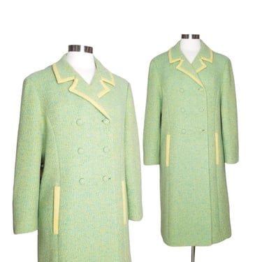 Vintage 60s Tweed Coat, Medium, Mod Wool Coat, Light Green 1970s Dressy Double Breasted Coat 