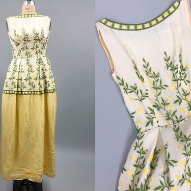 Vintage 1960s Yellow & Green Embroidered Chiffon Dress, Floral Embroidered Bust, 60s Prom, Vintage Formal Wear, Size XXS by Mo