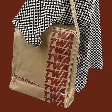 Vintage TWA Bag Retro 1970s Athletic + Airline Tote + Getaway Vacations + Beige + Burgundy + Vinyl + Travel Bag + Adjustable Shoulder Strap 