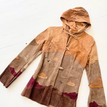 1970s Hooded Patchwork Suede Jacket with Sunset Graphic 