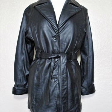 Vintage 1990s Maxima Wilsons Leather Short Trench Coat, Medium Women, black leather coat 