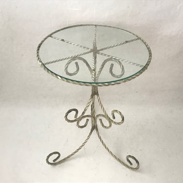 Tole Painted Circular Pedestal Table Wrought Iron Tripod Base 