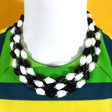 Wear Short or Long - Vintage 60s 70s Black & White Faceted Beaded Long Necklace 