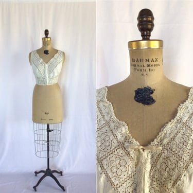 Vintage Edwardian CorsetCover  | Vintage linen Irish lace corset cover | Late Edwardian ivory crochet lace tank top 