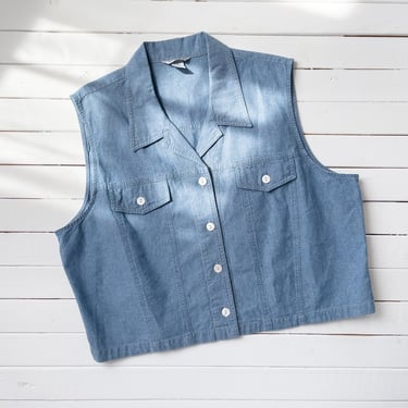 blue chambray vest | 80s 90s vintage light blue cotton oversized cropped sleeveless tank top blouse 