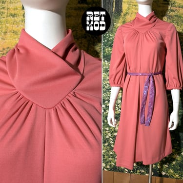 Sculptural Collar Vintage 70s Dusty Pink Mid-Length Dress 