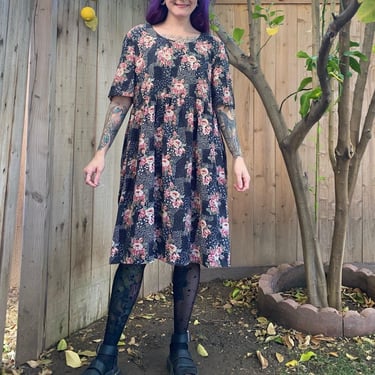 Vintage 1990’s Black and Pink Floral Rose Dress 