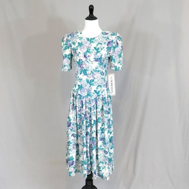 80s NWT Floral Dress - Deadstock S. Roberts - Gray White Purple Green Blue - Full Skirt, Shoulder Pads - Vintage 1980s - M 