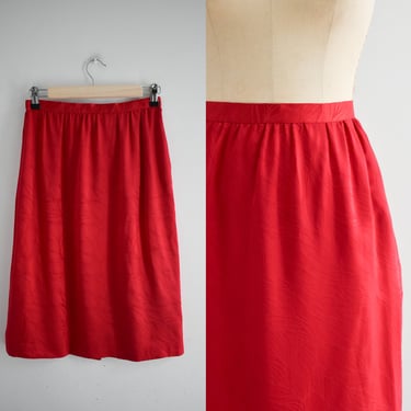 1980s Red Silk Pencil Skirt 
