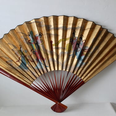 Vintage Large Chinoiserie Gold Paper Fold Out Hand Fan Wall Decoration with Bamboo Landscape and Court Ladies Details 