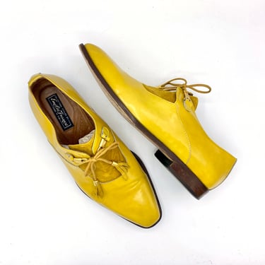 Vintage Emilio Franco Handcrafted Men's Dress Shoes, Ochre Yellow Italian Leather/Suede Slip Ons with Single Tassel Lace, US Size 9 1/2 