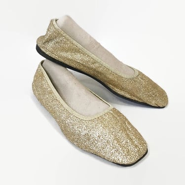 VINTAGE 60s Gold Lurex Gustave House Slipper Ballet Flats | 60s Gold House Shoes | MCM Space Age Atomic 7 7.5 vfg 