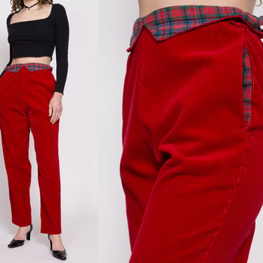 80s Red Corduroy Plaid Trim Pants - Medium | Vintage High Waisted Fold Over Paperbag Tapered Leg Retro Trousers 