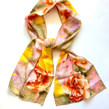 Vintage 60s 70s Silk Scarf Boho Floral Long Hair Accessory 