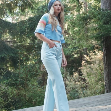 Vintage 70's Pastel Rainbow Striped Shirt, Baby Blue Bell Sleeve Crop Top 