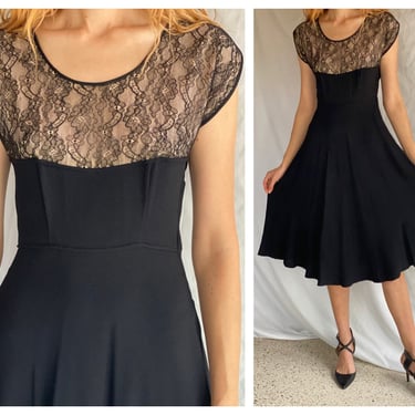 1950's Cocktail Dress / Lace Nude Illusion Bust Neckline / Sexy Black Dress / A Line Dress / 1940's 1950's Cocktail Dress 