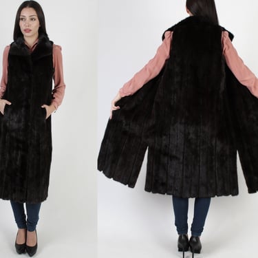Full Length Mahogany Mink Fur Coat / 80s Dark Brown Sleeveless Duster Jacket / Princess Real Fur Floor Vest 