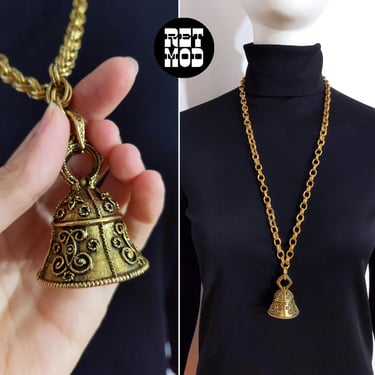 Chunky Vintage 60s 70s Brass Gold Boho Bell Pendant Necklace 