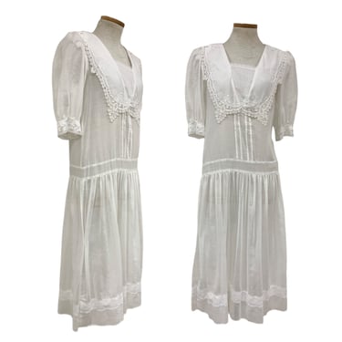 Vtg Vintage 1980s 80s Does 1920s 20s Gunne Sax White Drop Waist Bib Collar Dress 
