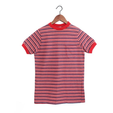 60s striped shirt / ringer t shirt / 1960s red white blue striped ringer pocket t shirt surf tee Small 