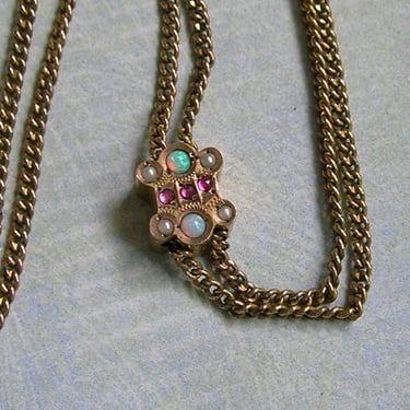 Antique Victorian 10K Slide With Seed Pearls and Opals, Gold Filled Victorian Watch Chain With 10K Gold Slide, Antique Chain (#4348) 