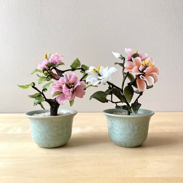 miniature jade trees agate glass bonsai - pink cherry blossoms rose bush - vintage peking glass 