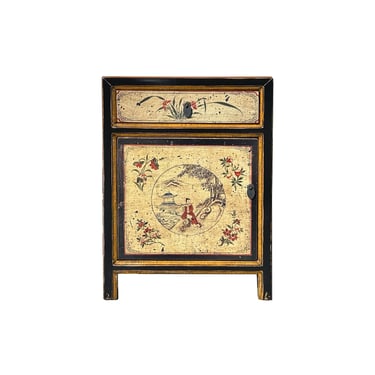 Oriental Beige Base Scenery Graphic Black Body End Table Nightstand ws4530E 