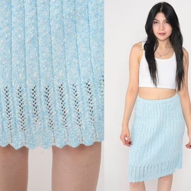 Baby Blue Skirt 70s Knit Mini Skirt Cutout Ribbed Pencil Skirt High Waisted Retro Pastel Simple Miniskirt Vintage 1970s Extra Small XS S 
