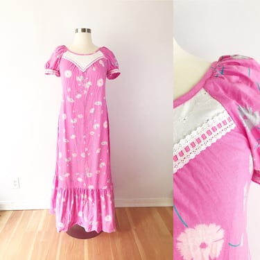 SIZE XL 1980s Hawaiian Pink Maxi Dress / 80s Vintage Tropical Tiki Dress - Puff Sleeve Floral Print Muumuu House Dress 