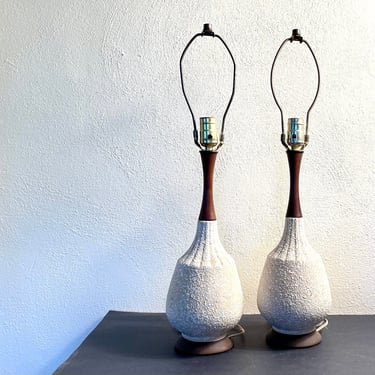 Vintage 60s Mid Century Modern Walnut + Ceramic Accent Lamps 