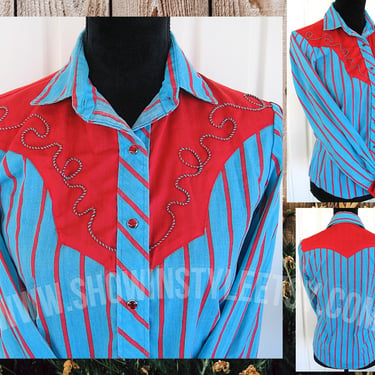 Circle T Vintage Western Retro Women's Cowgirl Shirt, Rodeo Blouse, Teal Blue & Red with Embroidery, Approx. XSmall (see meas. photo) 