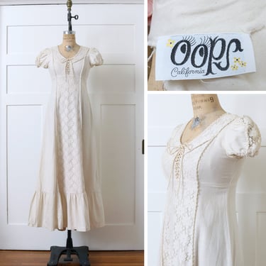 vintage 1970s bohemian cotton prairie dress • cotton & lace corset empire waist dress 