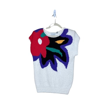Vintage 80's David Benjamin Bright Pansy Flower Sleeveless Sweater, Size M 