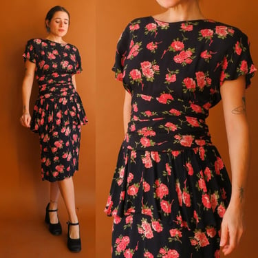 Vintage 80s Rose Peplum Dress/ Size Medium 