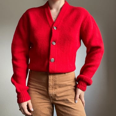 Vintage Womens Handmade 1970s Cherry Red 100% Wool Folk Cardigan Sz Medium 