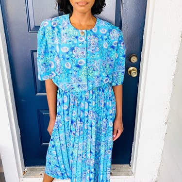 80s Lady Carol of New York Aqua Blue Floral Paisley Chiffon Blouson Dress 