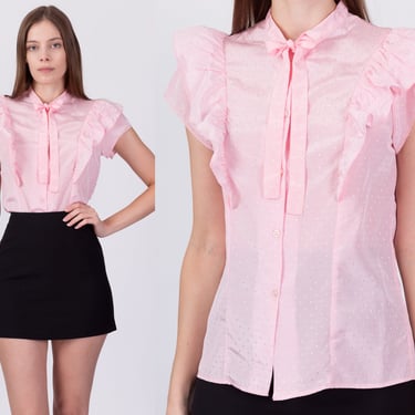 Vintage Pink Satin Ruffle Blouse - Small | Retro Ascot Tie Girly Button Up Top 