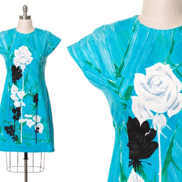 Vintage 1960s Sundress | 60s Rose Floral Printed Cotton Blue Hawaiian Shift Day Dress (medium/large) 