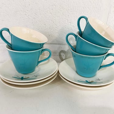 Vintage Salem North Star Set of 5 Coffee Cups Saucers Hopscotch Mid Century Atomic Aqua Blue China MCM Mad Men Tea 1950s 