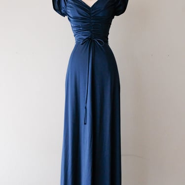 Sensual 1970's Peacock Blue Draped Evening Gown / Sz M