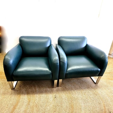 Pair Donghia Green Leather Focal Chairs 