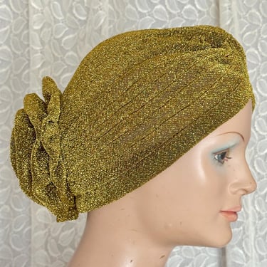 Glam Turban, Ruched Style, Dark Gold Lurex, Metallic Fabric, Vintage Hat, Boho 70s Hippie 
