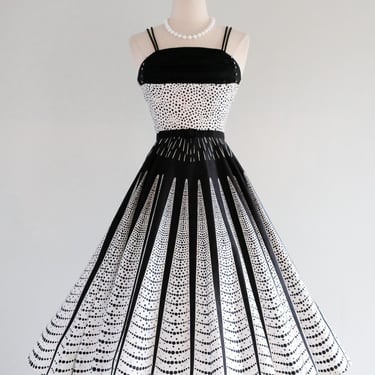 Iconic Vintage 1950's Black & White Cotton Radiant Polka Dot Dress / XS