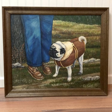 Pug in brown jacket painting - 1970s vintage dog art 