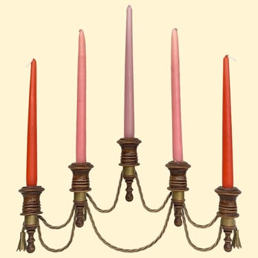 Vintage Candlestick Wall Sconce Retro 1980s Wall Candelabra + Holds 5 Taper Candles + Brown Wood + Gold Metal Braid + Home and Wall Decor 